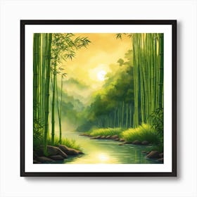 A Stream In A Bamboo Forest At Sun Rise Square Composition 381 Art Print