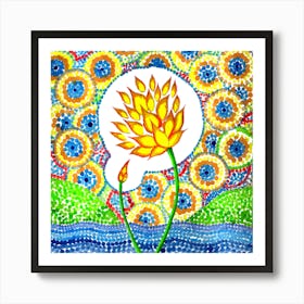 Bright Yellow Lotus Flower In Pond Abstract Dot Art Art Print