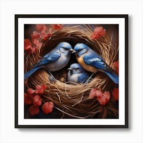 Bluebirds In Nest, A Pair Of Birds Building A Nest Representing Love Home And Family 1 Art Print