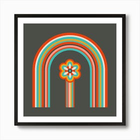 COLOURS OF THE RAINBOW Mid-Century Modern Scandi Folk Rainbow Floral in Vintage Retro Colours on Charcoal Brown Art Print