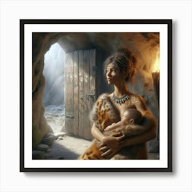 Prehistoric Woman Holding Baby In Cave Art Print