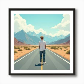 Justin Bieber With An Open Road Ahead, Watercolor Mountains In The Distance Art Print