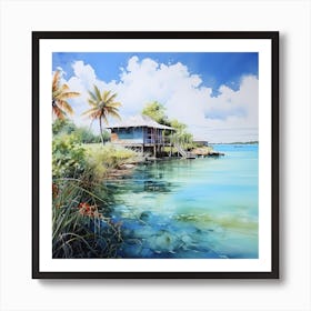 AI Landscape Lullaby: Serene Tropics in Watercolor Art Print