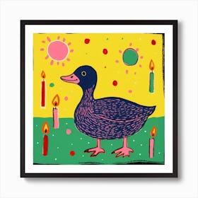 Colourful Birthday Duckling Linocut Style 1 Art Print