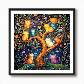 Folk Art Heart Tree Cat Climbing Artwork 7 Art Print