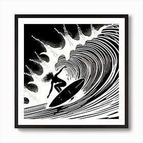 Linocut Black And White Surfer Girl On A Wave art, surfing art 1 Art Print