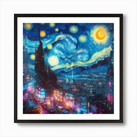 Van Gogh Painted A Starry Night Over A Cyberpunk Cityscape 2 Art Print