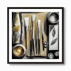 Firefly A Masculine Modern Italian Inspired Flatlay Of A Creative Workspace For Oil Painting, Stylis Art Print
