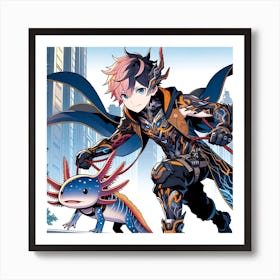 anime hero and Axolotl side kick Art Print