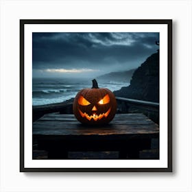 Halloween Pumpkin By The Sea Art Print