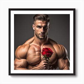 Muscular Man Holding A Rose Art Print