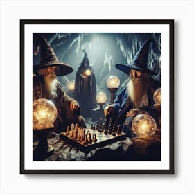 Wizards playing chess in a cave Art Print