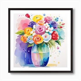 Watercolor Roses In A Vase Art Print