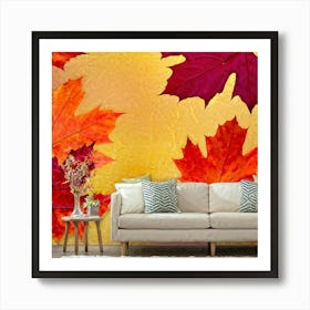 An Abstract Fall Themed Wallpaper A Group Of Maple Leaves In A Rainbow Of Autumn Hues Vivid Red W 2 Art Print