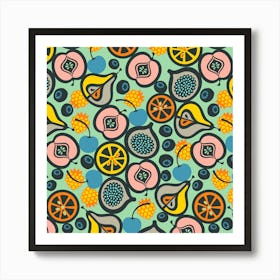 FRESH FRUIT Mid-Century Modern Retro Graphic Apples Pears Oranges Figs Berries Citrus in Vintage Colours on Mint Art Print