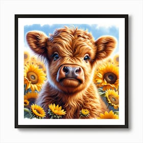 Baby Highland Cow sunflowers surrounding Art Print