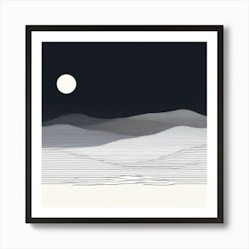 Moonlight Over The Mountains, Wavy Wave, black and white design with attracting art , wall art , tails design Generate An Abstract Design With Soft Curved Lines In Neutral Tones Emphasizing Simplicity Art Print