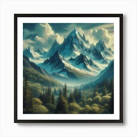 Mountain landscape with tall snowy peaks Art Print