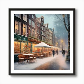 Amsterdam cafes, winter season, Christmas, pale colors, pedestrians in the street, winter clothes, falling snow.12 Art Print