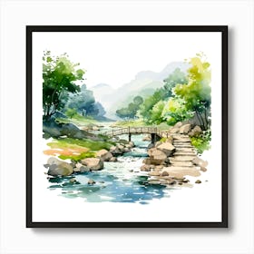 Watercolor Landscape With Bridge Art Print