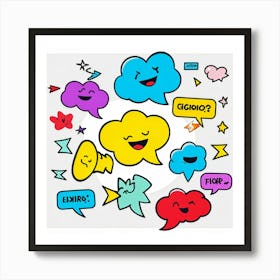 Cartoon Speech Bubbles And Arrows Set Hand Drawn Style Exaggerated Shapes Bold Outlines Vibrant Art Print