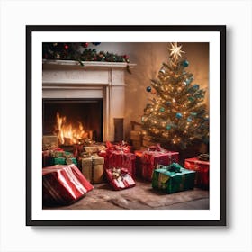 Christmas Presents Under Christmas Tree At Home Next To Fireplace Haze Ultra Detailed Film Photog (10) Art Print