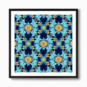 Blue And Yellow Floral Pattern Art Print