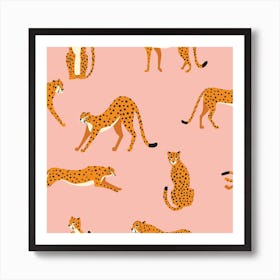 Tropical Cheetah Pattern On Pink Square Art Print