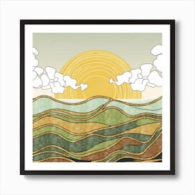 Straight and broken flowing lines and tree shapes, gold, sage, orange, lemon and brown calligraphy drawing in the form of a tropical ocean. 2 Art Print