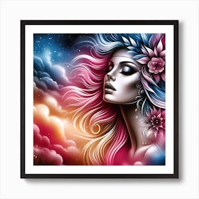 Beautiful Girl With Flowers In Her Hair Art Print