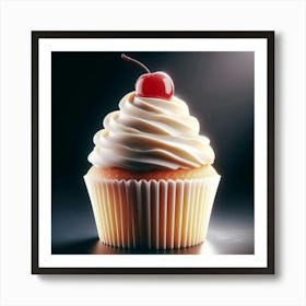 Scrumptious solitariness of a cupcake with a cherry on top, sitting on a table, with a spotlight shining down on it, making it glisten and look delectable Art Print