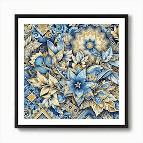 Batik, Blue And Gold Floral Pattern Art Print