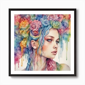 Watercolor Of A Girl With Flowers Affiche