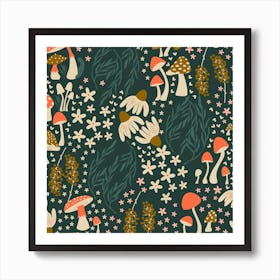 Mushroom Pattern With Flowers On Green Square Art Print