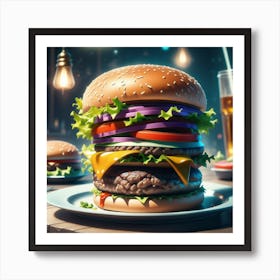 Hamburgers On Plates Art Print