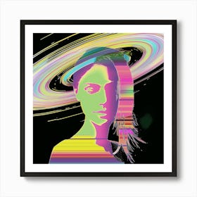 Woman In Space, Saturn's Rings, Pink, Yellow, artwork print. "Groovy Suspicions" 1 Art Print