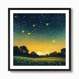 Fire flies in the sky over the sunset and field Art Print