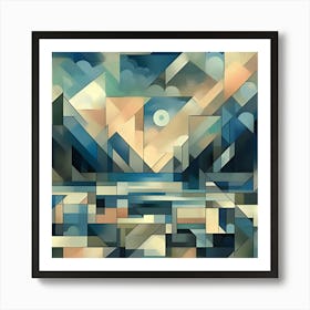 A Unique Digital Cubist Art Painting Depicting A Landscape Made Of Overlapping Geometric Planes And Shapes In Muted Bluish Hues 1 Art Print