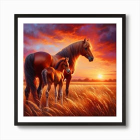 Horse And Foal At Sunset 11 Art Print