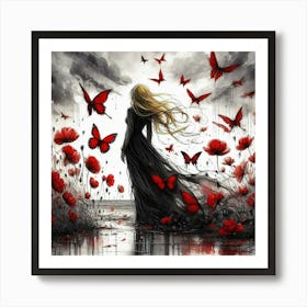 Girl With Red Poppies And Butterflies Art Print