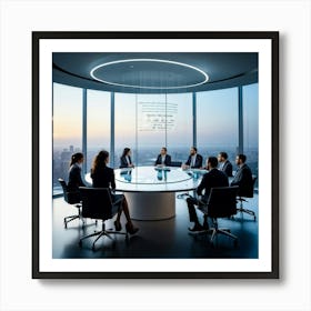 Business Team In Mid Strategizing Session Seated Around A Sleek Oval Glass Table Reflecting Ambien (1) Art Print