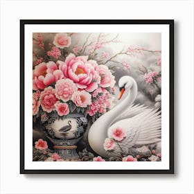 Swan And Flowers Art Print