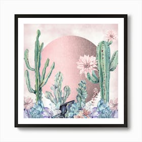 Desert Sunset - Watercolor Cactus And Succulents Art Print