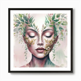 Woman With Leaves On Her Face Art Print