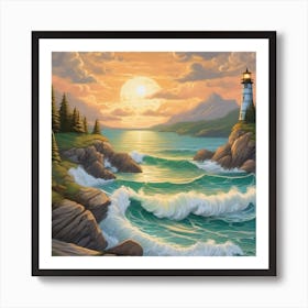 Lighthouse At Sunset Landscape 11 Art Print