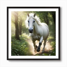 White Horse Running In The Forest Art Print