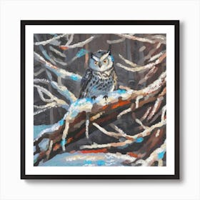 Owl in a winter pine forest Art Print