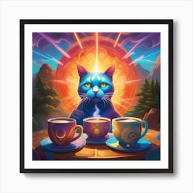 Enlightened Cat With Cups Of coffee psychedelic Art Print