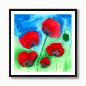 Poppies - flowers floral red green blue square Art Print