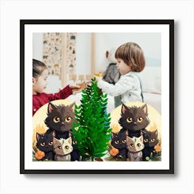 Christmas Tree With Cats - Earthy tons Art Print